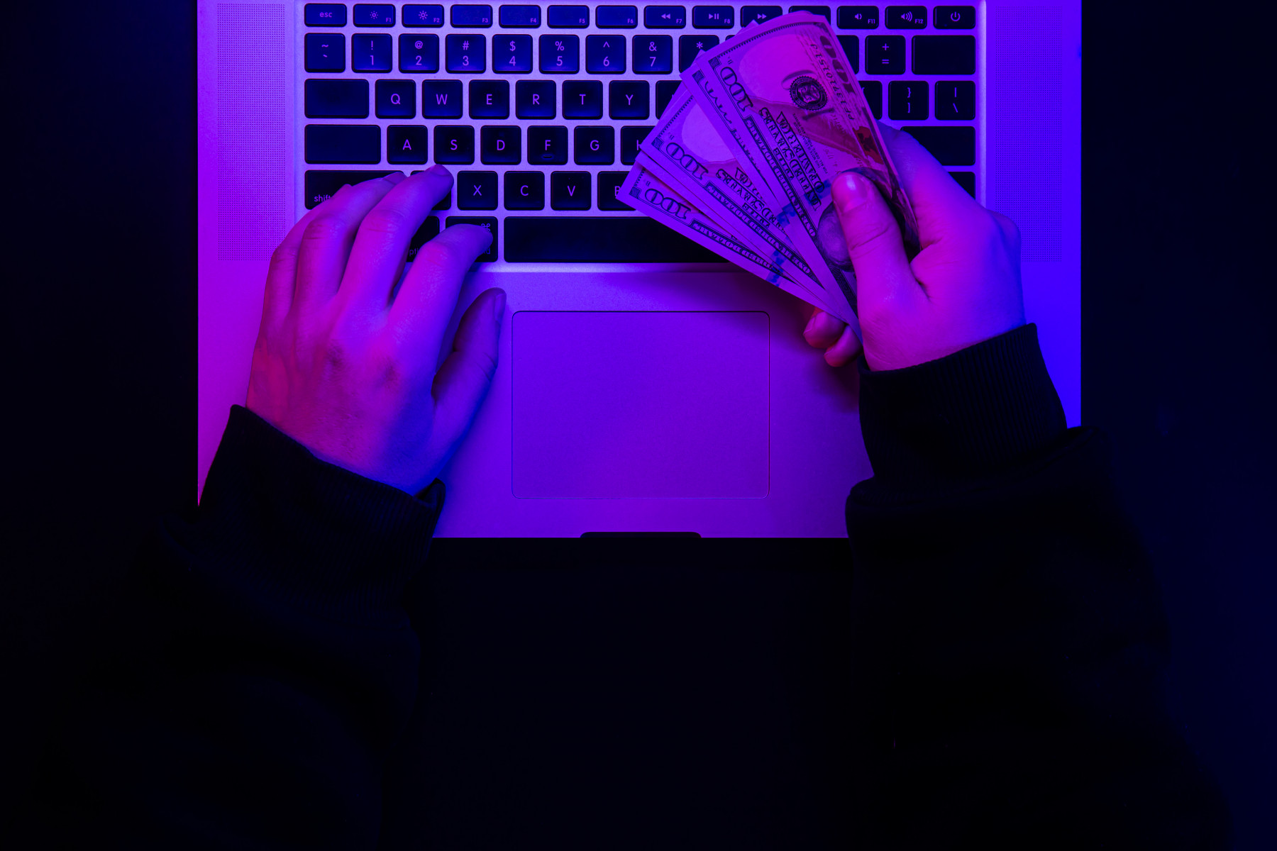 money male hands background laptop keyboard neon lighting